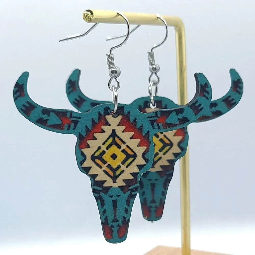Longhorn Skull Earrings Southwestern Cowgirl Aztec Steer Western Wood Dangle